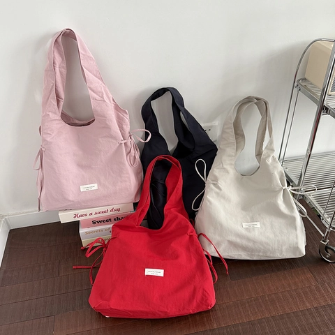 Large Capacity Nylon Tote Bag Minimalist Side Drawstring Shoulder Bag Casual Solid Color Fashion Handbag For Women