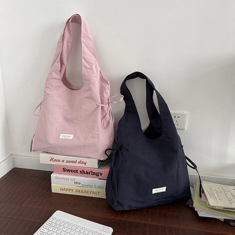 Large Capacity Nylon Tote Bag Minimalist Side Drawstring Shoulder Bag Casual Solid Color Fashion Handbag For Women