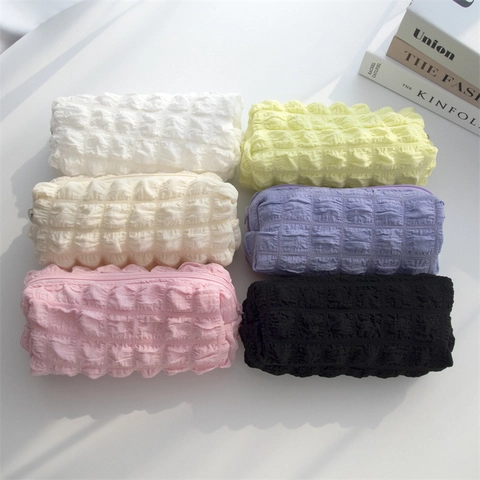 Popcorn Texture Pencil Case Bubble Fabric Cosmetic Makeup Bag Large Capacity Zipper Pouch Soft Minimalist Solid Color