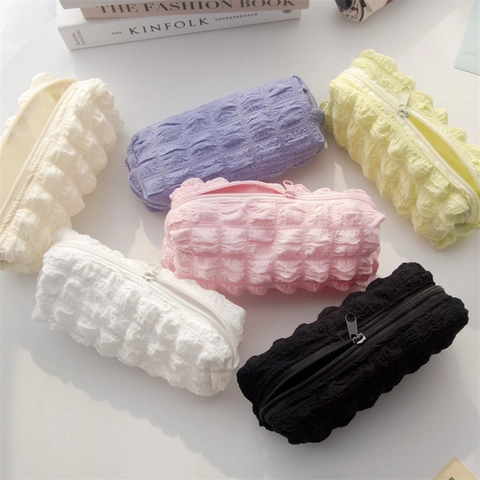 Popcorn Texture Pencil Case Bubble Fabric Cosmetic Makeup Bag Large Capacity Zipper Pouch Soft Minimalist Solid Color