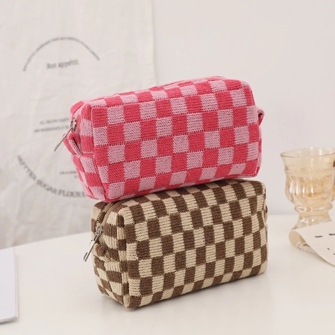 Checkerboard Knitted Pencil Case Ins Style Large Capacity Woolen Yarn Makeup Bag Travel Storage Pouch For School Office Women Teenagers