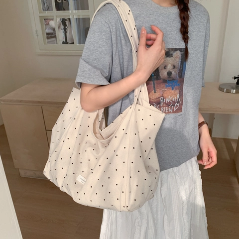 Borsa Tote In Tela A Pois Grande Capacità Borsa A Spalla Casual Per Donna Borsa Da Giorno Pendolare