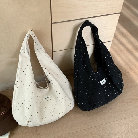 Borsa A Spalla In Tela Stampa Stelle A Pois Grande Capacità Hobo Tote Per Donna Scuola Pendolarismo Quotidiano