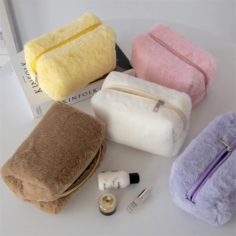 Neceser De Maquillaje De Felpa Bolsa De Cosméticos De Piel Sintética Color Macarrón Organizador De Viaje Suave Rectangular Para Mujeres Niñas