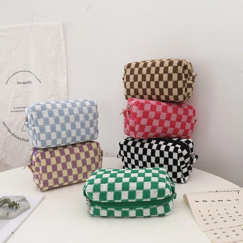 Checkerboard Knit Cosmetic Bag Large Capacity Makeup Storage Pouch Zipper Contrast Color Ins Style Portable Organizer