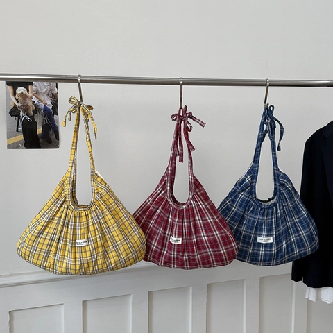 Plaid Shoulder Bag Polyester Pleated Slouchy Tote Handbag With Bow Ribbon Korean Style Casual Daily For Women