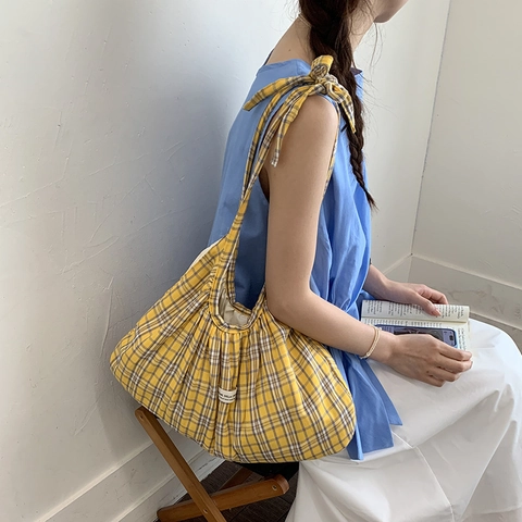 Plaid Shoulder Bag Polyester Pleated Slouchy Tote Handbag With Bow Ribbon Korean Style Casual Daily For Women