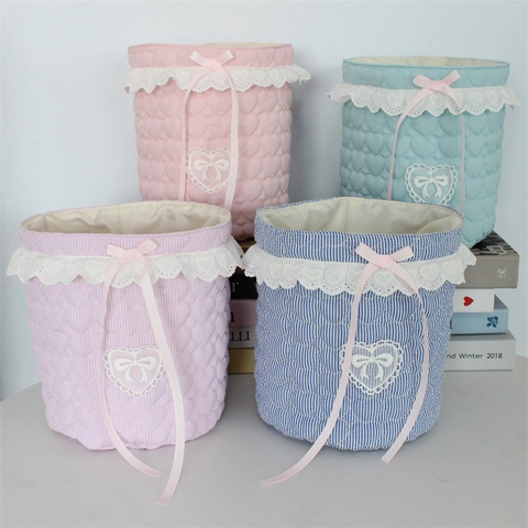 Quilted Heart Fabric Desktop Storage Basket Sweet Lace Cylindrical Organizer Bag With Ribbon Bow For Sundries Cosmetics