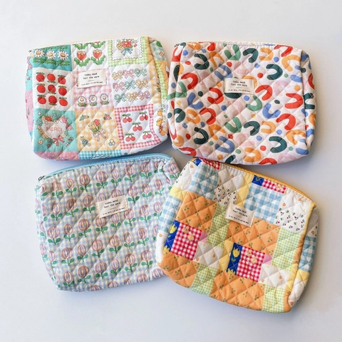 Borsa Per Cosmetici In Cotone Trapuntato Grande Capacità Pochette Per Trucco Patchwork Floreale Organizzatore Con Cerniera Per Donna