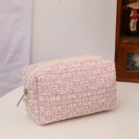 Tweed Makeup Bag Elegant Woven Cosmetic Organizer Travel Toiletry Pouch Zipper Portable Storage Case For Women