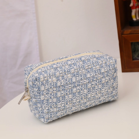 Tweed Makeup Bag Elegant Woven Cosmetic Organizer Travel Toiletry Pouch Zipper Portable Storage Case For Women