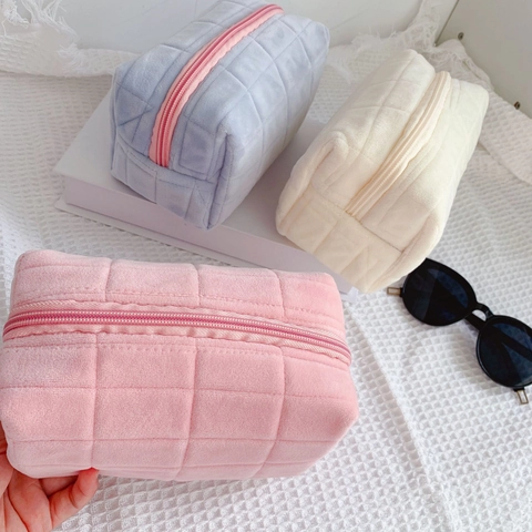 Quilted Velvet Cosmetic Bag Zipper Makeup Pouch Portable Travel Toiletries Organizer Soft Plush Stationery Case Storage
