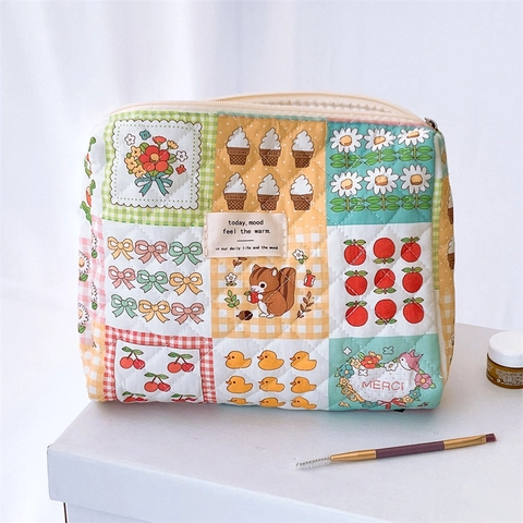 Borsa Per Cosmetici In Cotone Trapuntato Grande Capacità Pochette Per Trucco Patchwork Floreale Organizzatore Con Cerniera Per Donna