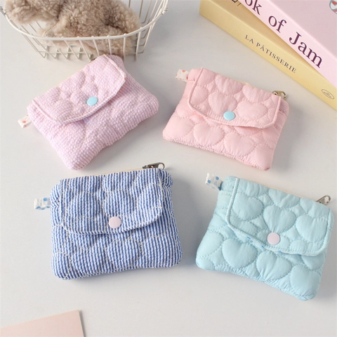 Gewatteerde Hart Mini Portemonnee Kleine Polyester Rits Portefeuille Gestreepte Kaart Organizer Opbergtas Voor Meisjes