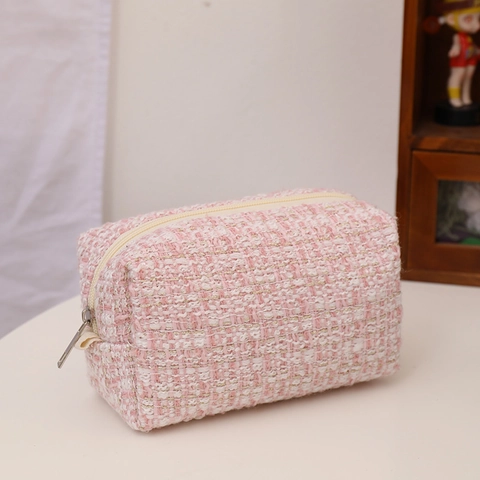Borsa Per Trucco In Tweed Elegante Organizzatore Cosmetico Intrecciato Custodia Da Viaggio Con Cerniera Per Donne