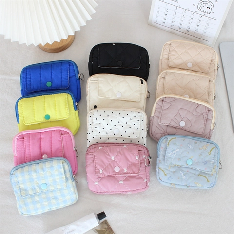 Quilted Polyester Mini Coin Purse Snap Button Front Pocket Zipper Metal Ring Storage For Earphones Cards Keys Kawaii Aesthetic