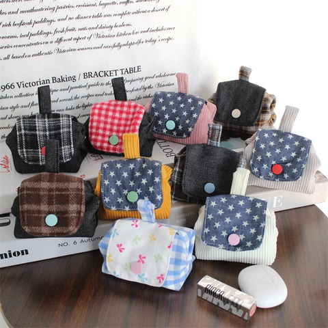 Mini Münzbörse Kleine Aufbewahrungstasche Für Kopfhörer Cord Denim Tweed Karo Sternmuster Knopfverschluss Tragbare Tasche