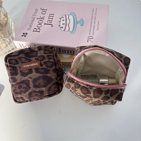 Leopardenmuster Kosmetiktasche Wildleder Quadratische Aufbewahrungstasche Für Lippenstift Münzen Reiseorganizer Tragbar