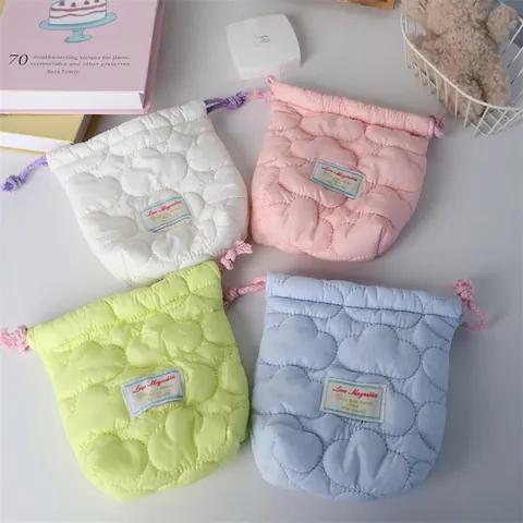 Drawstring Storage Bag Quilted Padded Soft Portable Pouch For Makeup Jewelry Travel Camera Ins Style Macaron Colors