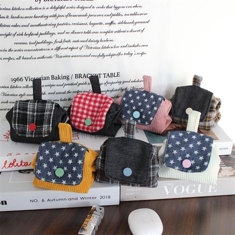 Mini Münzbörse Kleine Aufbewahrungstasche Für Kopfhörer Cord Denim Tweed Karo Sternmuster Knopfverschluss Tragbare Tasche