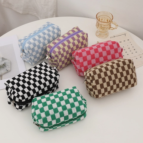 Checkerboard Knit Cosmetic Bag Large Capacity Makeup Storage Pouch Zipper Contrast Color Ins Style Portable Organizer