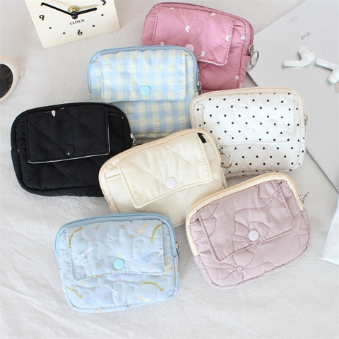Quilted Polyester Mini Coin Purse Snap Button Front Pocket Zipper Metal Ring Storage For Earphones Cards Keys Kawaii Aesthetic