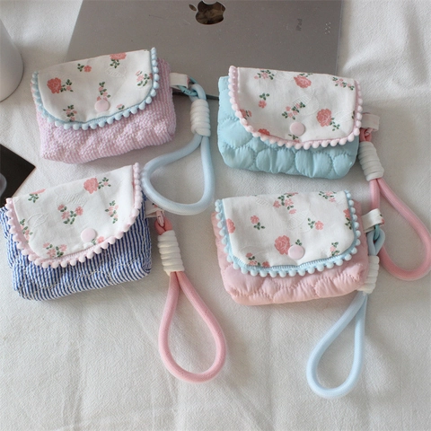 Quilted Floral Mini Coin Purse Earphone Case With Pom Pom Trim Lanyard Portable Fabric Storage Bag For Women