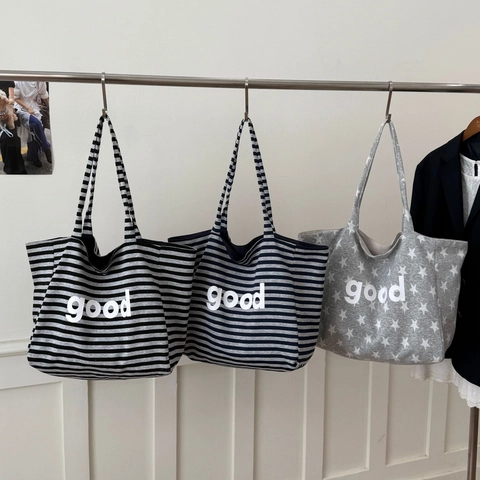 Tote Bag Polyester Gestreept Sterrenpatroon Letterprint Grote Capaciteit Casual School Shoppen Preppy Stijl Voor Dames