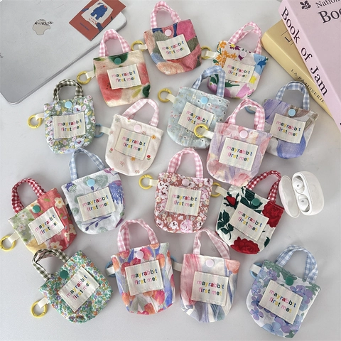 Mini Floral Stoff Kopfhörer Tasche Tragbare Hängende Münzbörse Knopfverschluss Kleine Aufbewahrungstasche