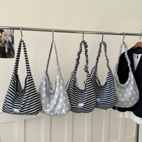 Striped Star Pattern Shoulder Tote Bag Large Capacity Polyester Scrunched Pleated Strap Casual Commuter Hobo Handbag Women