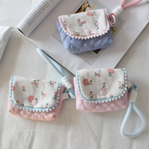 Quilted Floral Mini Coin Purse Earphone Case With Pom Pom Trim Lanyard Portable Fabric Storage Bag For Women