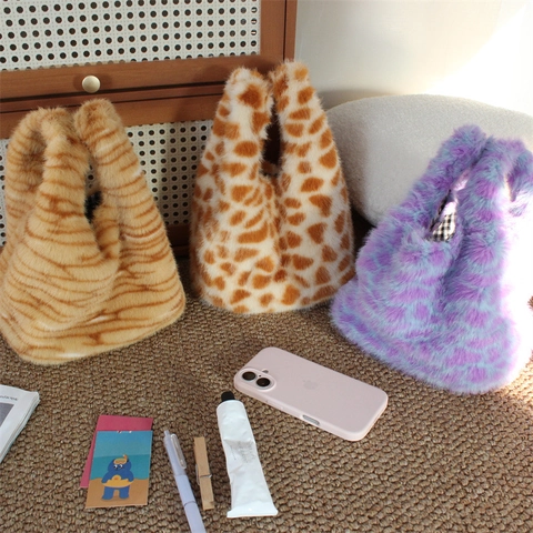 Borsa A Mano Donna Peluche Pelliccia Sintetica Leopardo Tigre Giraffa Motivo A Pois Piccola Autunno Inverno Moda Quotidiana