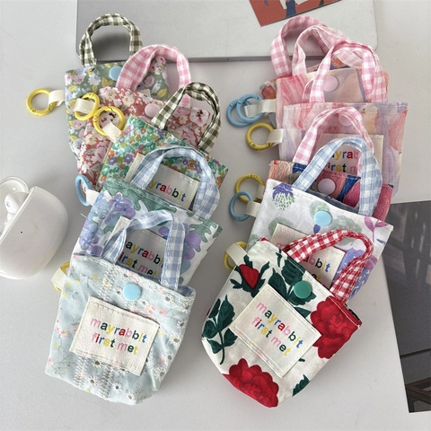 Mini Floral Stoff Kopfhörer Tasche Tragbare Hängende Münzbörse Knopfverschluss Kleine Aufbewahrungstasche