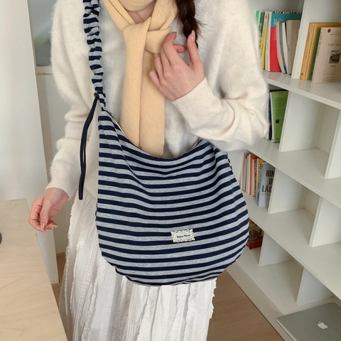 Striped Star Pattern Shoulder Tote Bag Large Capacity Polyester Scrunched Pleated Strap Casual Commuter Hobo Handbag Women
