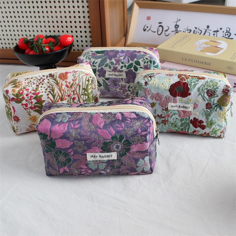 Jacquard Floral Pencil Case Large Capacity Portable Stationery Organizer Cosmetic Makeup Bag Zipper Pouch For Girls Students