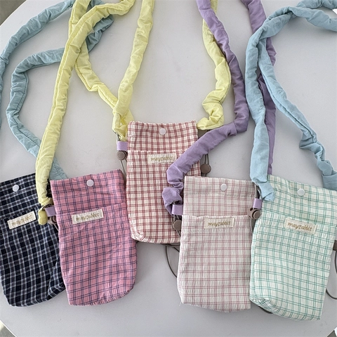 Karierte Umhängetasche Für Handy Polyester Plissee Riemen Druckknopf Verschluss Koreanischer Stil Damen Mini Beutel