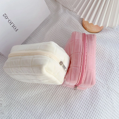Trousse De Maquillage En Velours Matelassé Pochette Cosmétique Zippée Organisateur De Voyage Portable Sac En Peluche Doux