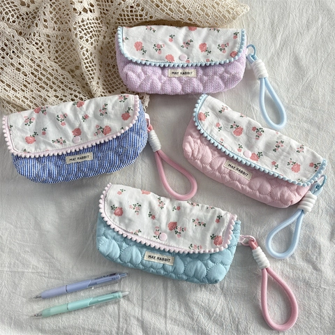 Astuccio Trapuntato Floreale Grande Capacità Borsa Porta Cancelleria Portatile Per Ragazze Motivo A Cuore