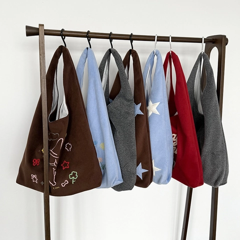 Borsa Tote In Lana Da Donna Grande Capacità Ricamo Stella Borsa A Spalla Casual Sottobraccio Invernale