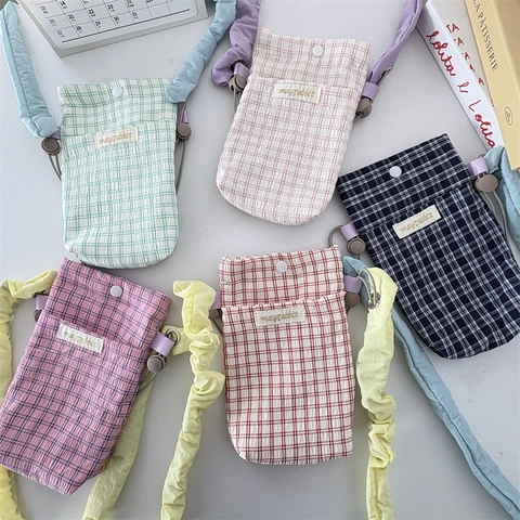Karierte Umhängetasche Für Handy Polyester Plissee Riemen Druckknopf Verschluss Koreanischer Stil Damen Mini Beutel