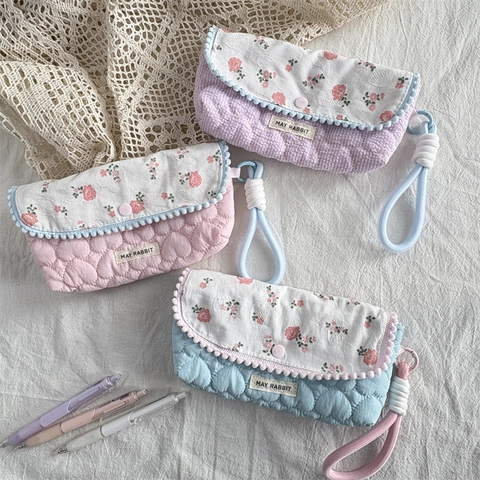 Astuccio Trapuntato Floreale Grande Capacità Borsa Porta Cancelleria Portatile Per Ragazze Motivo A Cuore