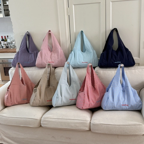 Große Kapazität Gingham Karo Tragetasche Polyester Stoff Buchstaben Schultertasche Für Frauen Alltag Studium