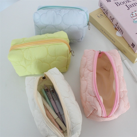Quilted Cloud Pencil Case Large Capacity Portable Makeup Bag Soft Polyester Zipper Pouch School Office Supplies Students Women