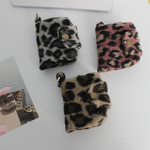 Leopard Print Plush Mini Coin Purse Card Holder Earphone Storage Bag Heart Zipper Metal Ring Hanging Accessory Retro