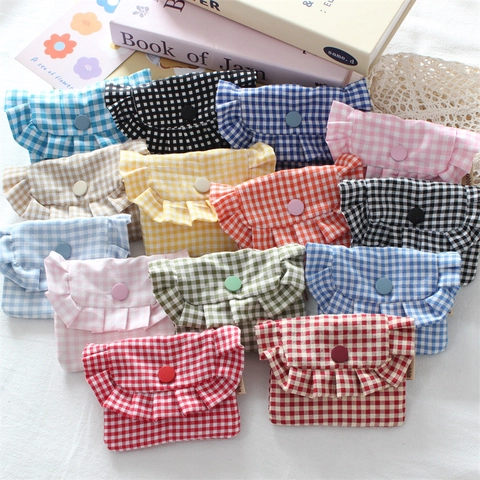 Plaid Ruffle Mini Storage Bag Gingham Fabric Portable Coin Purse Sanitary Napkin Pouch Sweet Ins Style Women Girl