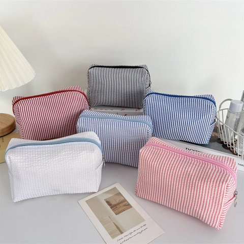 Borsa Cosmetica A Righe In Seersucker Pochette Per Trucco Da Viaggio Portatile Organizzatore Con Cerniera Per Donne