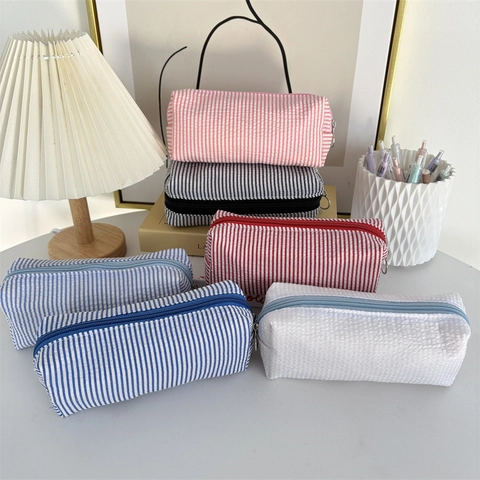 Striped Seersucker Pencil Case Large Capacity Stationery Bag Desktop Organizer Minimalist Ins Style For Students