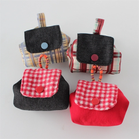Mini Coin Purse Retro Denim Canvas Houndstooth Pattern Portable Earphone Pouch Lipstick Storage Bag With Hanging Loop