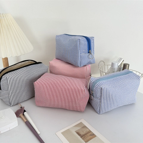 Borsa Cosmetica A Righe In Seersucker Pochette Per Trucco Da Viaggio Portatile Organizzatore Con Cerniera Per Donne