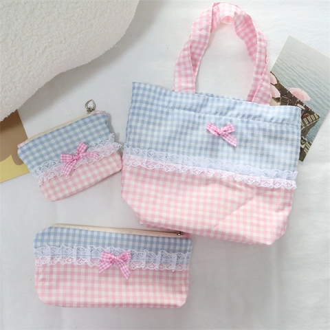 Bolso De Cuadros Vichy Encaje Lazo Bolsa De Mano Neceser De Maquillaje Y Estuche Para Lápices Estilo Dulce Diario Mujeres
